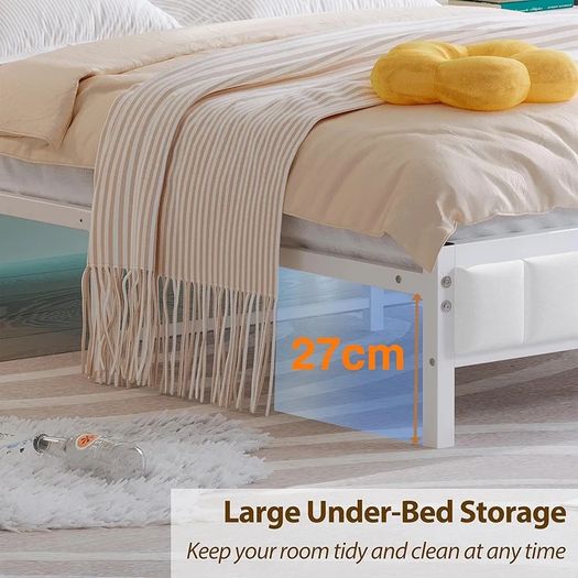 Double Bed Frame with Storage Upholstered Headboard,LED Lights,4ft6 Heavy Duty Metal Bed Frame Double Beds with Charging Station,No Box Spring Needed,Strong Steel Slats Support,White Velvet