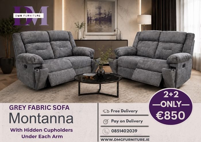 2+2 Grey Fabric Recliner Sofa With Hidden Cupholders