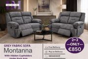 2+2 Grey Fabric Recliner Sofa With Hidden Cupholders