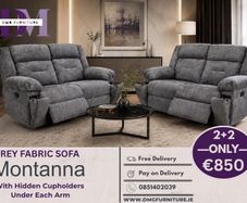 2+2 Grey Fabric Recliner Sofa With Hidden Cupholders