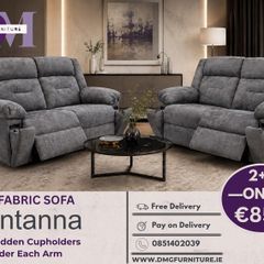 2+2 Grey Fabric Recliner Sofa With Hidden Cupholders