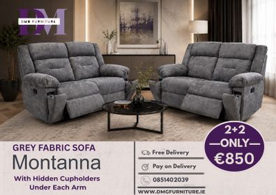2+2 Grey Fabric Recliner Sofa With Hidden Cupholders