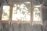 A Beautiful Old Asian hand carved cork diorama, presented as a folding triptych screen within a wood and glass frame