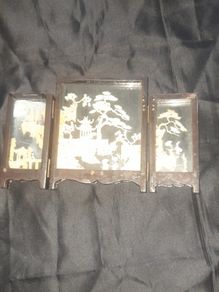 A Beautiful Old Asian hand carved cork diorama, presented as a folding triptych screen within a wood and glass frame