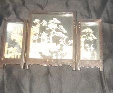 A Beautiful Old Asian hand carved cork diorama, presented as a folding triptych screen within a wood and glass frame
