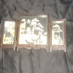 A Beautiful Old Asian hand carved cork diorama, presented as a folding triptych screen within a wood and glass frame