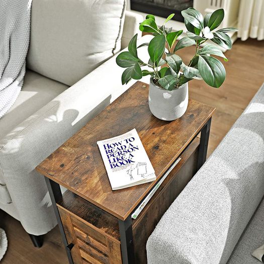 _Side table, side cabinet with shelf and adjustable shelf level, living room, bedroom, study, office, 30 x 50 x 60 cm, metal, industrial design, vintage, dark brown