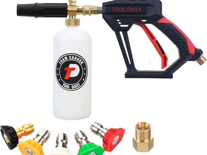 Tool Daily Short Pressure Washer Gun with Foam Cannon, 1/4 Inch Quick Connector, with 5 Pressure Washer Nozzle Tips, 1 Liter