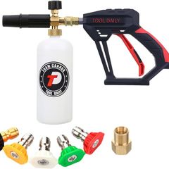 Tool Daily Short Pressure Washer Gun with Foam Cannon, 1/4 Inch Quick Connector, with 5 Pressure Washer Nozzle Tips, 1 Liter