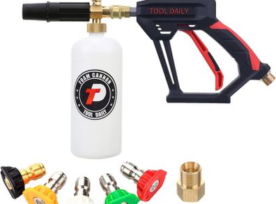 Tool Daily Short Pressure Washer Gun with Foam Cannon, 1/4 Inch Quick Connector, with 5 Pressure Washer Nozzle Tips, 1 Liter