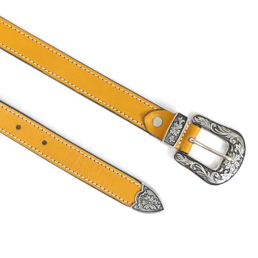 Unisex Premium Yellow Genuine Leather Belt Vintage Engraved Silver Buckle