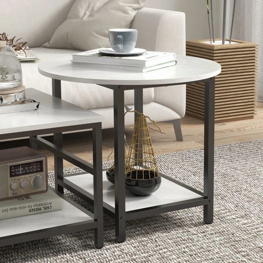 Coffee table set, 2 side tables, marble-look, adjustable feet, steel, Black White
