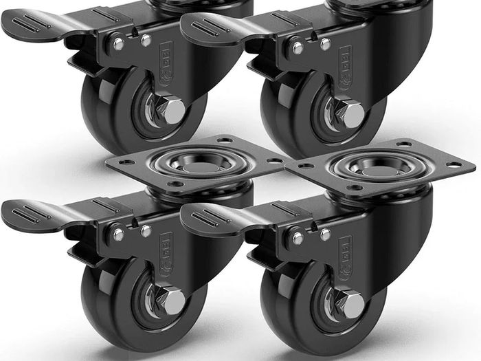Heavy Duty Castor Wheels with 4 Brakes + Screws - 50mm - 200 kg Load - Set of 4 - No Floor Marks Silent Caster for Moving Furniture - Rubbered Swivel Trolley Wheels - Black Castors