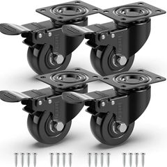 Heavy Duty Castor Wheels with 4 Brakes + Screws - 50mm - 200 kg Load - Set of 4 - No Floor Marks Silent Caster for Moving Furniture - Rubbered Swivel Trolley Wheels - Black Castors