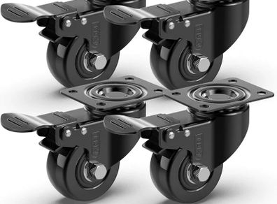 Heavy Duty Castor Wheels with 4 Brakes + Screws - 50mm - 200 kg Load - Set of 4 - No Floor Marks Silent Caster for Moving Furniture - Rubbered Swivel Trolley Wheels - Black Castors