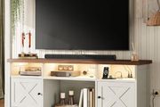 TV Stand Cabinet with Sockets, USB and LED, TV Cabinet Suitable for up to 65'' TV, with 4 Open Compartments and 2 Cabinets, Suitable for Living Room, 150 x 35 x 65cm, White
