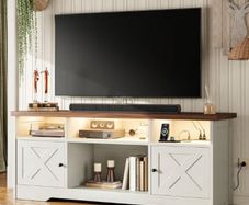 TV Stand Cabinet with Sockets, USB and LED, TV Cabinet Suitable for up to 65'' TV, with 4 Open Compartments and 2 Cabinets, Suitable for Living Room, 150 x 35 x 65cm, White