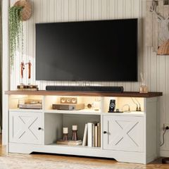 TV Stand Cabinet with Sockets, USB and LED, TV Cabinet Suitable for up to 65'' TV, with 4 Open Compartments and 2 Cabinets, Suitable for Living Room, 150 x 35 x 65cm, White