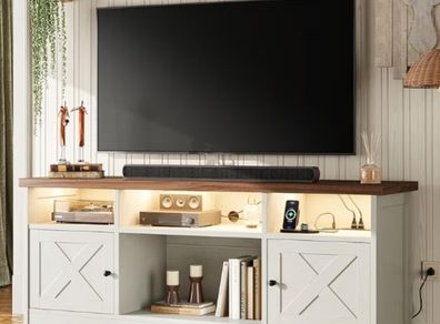 TV Stand Cabinet with Sockets, USB and LED, TV Cabinet Suitable for up to 65'' TV, with 4 Open Compartments and 2 Cabinets, Suitable for Living Room, 150 x 35 x 65cm, White