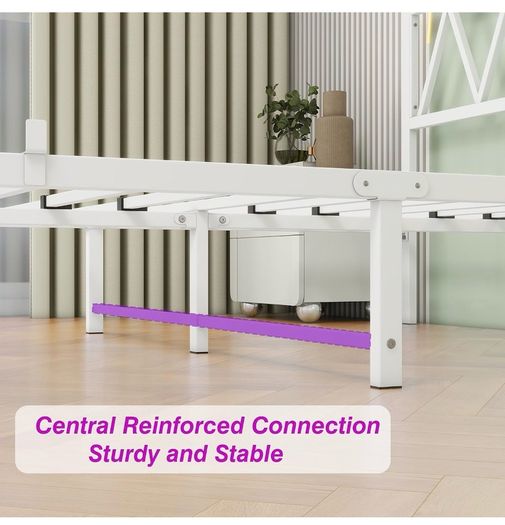 King Size Bed Frame with Headboard, Heavy Duty Metal Under Bed Storage, No Box Spring Needed, Easy Assembly, White