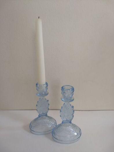 Lovely Pair of Vintage Pressed Glass Candlesticks in Pale Blue Glass with Leaves Motifs, Excellent Condition