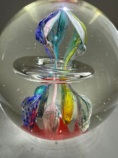 Vintage Hand Blown Art Glass Floating Ring Flower Paperweight