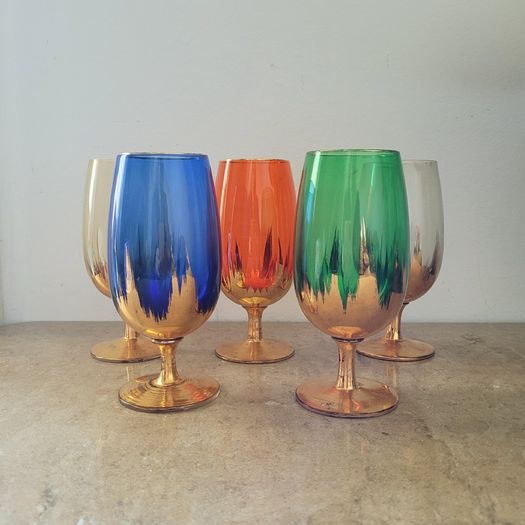 Mid-century harlequin set of gold flames glasses