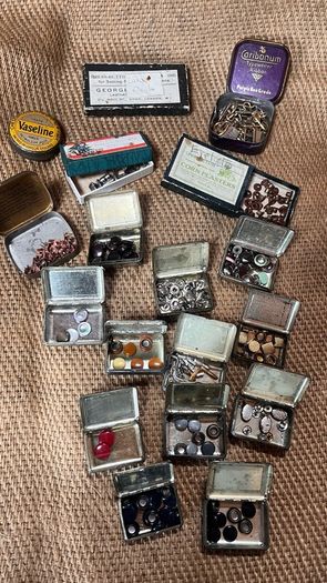 vintage George & Co. Press Button Tins with contents
