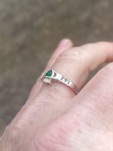 Emerald and CZ Sterling Silver Claddagh Ring
