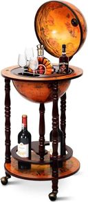 Globe Bar, Globe Bar Made of Eucalyptus, World Globe Bar Trolley with Wheels, Retro Home Bar, Mini Bar for Wine Glasses and Wine Bottles (Brown)