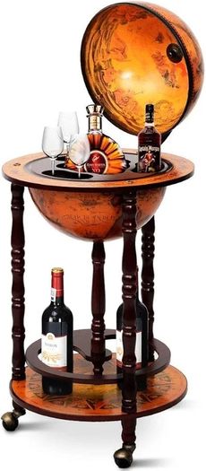 Globe Bar, Globe Bar Made of Eucalyptus, World Globe Bar Trolley with Wheels, Retro Home Bar, Mini Bar for Wine Glasses and Wine Bottles (Brown)