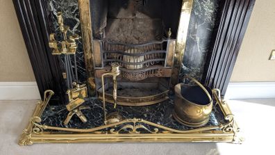 Vintage brass coal scuttle and fireplace companion set