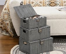 3-Pack Storage Baskets made of PE Rattan, with Closure, Handles, 35.5 cm x 28.5 cm x 18 cm, Gray