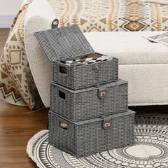 3-Pack Storage Baskets made of PE Rattan, with Closure, Handles, 35.5 cm x 28.5 cm x 18 cm, Gray