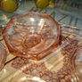 Pink Glass Art Deco Vanity Set, likely dating from the 1920s or 1930s. The set includes a Container, a Ring Holder, Two Candlesticks, and a Vanity Tray, Postage or Collection Image 4