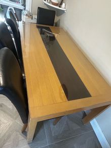 Solid Wood Dining Table With Glass Top And 4 Brown Chairs, 180cm x 85cm