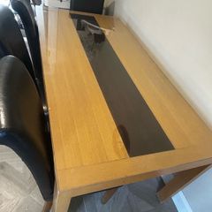 Solid Wood Dining Table With Glass Top And 4 Brown Chairs, 180cm x 85cm