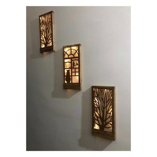 Brown 3 Pcs Set Set Led Wooden Light Table Home Gift Hallway Night Lamp Set Wall Ornament Natural Tree Cat Bird Decoration