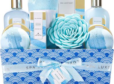 Spa Luxetique Spa Gift Set, 12pcs Ocean Scent Bath Gift Set, Pamper Gifts for Women, Refreshing Bath Gifts for Women with Bubble Bath, Bath Bomb, Body Lotion, Pamper Hampers for Women, Mum Gifts