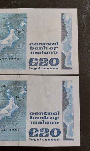1991 Central Bank of Ireland 20 Pound Notes in Sequence