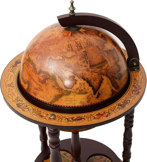 Globe Bar, Globe Bar Made of Eucalyptus, World Globe Bar Trolley with Wheels, Retro Home Bar, Mini Bar for Wine Glasses and Wine Bottles (Brown)