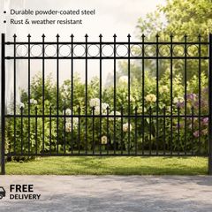 Decorative Black Metal Garden Fence Panel 200 x 166 cm  Powder-Coated Steel Boundary Fence