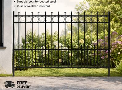 Decorative Black Metal Garden Fence Panel 200 x 166 cm  Powder-Coated Steel Boundary Fence
