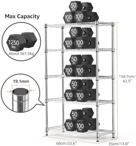 1250 lbs Steel Heavy Duty 5-Tier Utility Shelving Unit Steel Organizer Wire Rack for Home,Kitchen,Office,Chrome 35 x 60 x 158.7 cm
