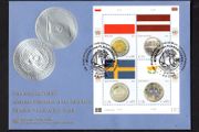 2008 United Nations (Vienna, Austria) Coins &amp; Flags (Flag of Poland and 5 zloty coin, Flag of Latvia and 1 lats coin, Flag of Sweden and 1 krona coin &amp; Flag of Cyprus and 1 euro coin) Commemorative Stamps First Day Cover (FDC)