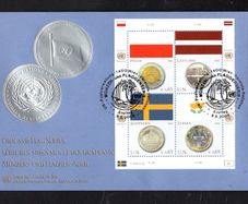 2008 United Nations (Vienna, Austria) Coins & Flags (Flag of Poland and 5 zloty coin, Flag of Latvia and 1 lats coin, Flag of Sweden and 1 krona coin & Flag of Cyprus and 1 euro coin) Commemorative Stamps First Day Cover (FDC)