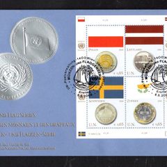 2008 United Nations (Vienna, Austria) Coins & Flags (Flag of Poland and 5 zloty coin, Flag of Latvia and 1 lats coin, Flag of Sweden and 1 krona coin & Flag of Cyprus and 1 euro coin) Commemorative Stamps First Day Cover (FDC)