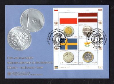 2008 United Nations (Vienna, Austria) Coins & Flags (Flag of Poland and 5 zloty coin, Flag of Latvia and 1 lats coin, Flag of Sweden and 1 krona coin & Flag of Cyprus and 1 euro coin) Commemorative Stamps First Day Cover (FDC)
