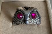 Vintage Silver Owl Ring With Red Stone Eyes