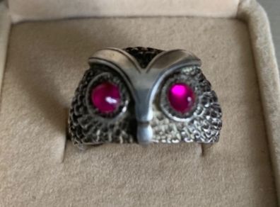 Vintage Silver Owl Ring With Red Stone Eyes